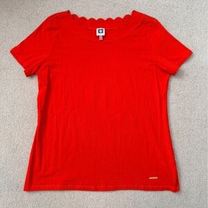 Anne Klein Red Scallop Neck Short Sleeve Tee
